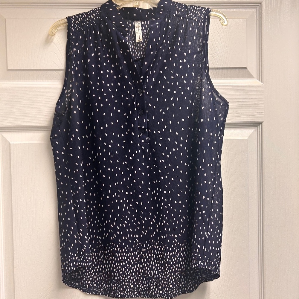XL Blue sleeveless navy and white dot womens top, sheer